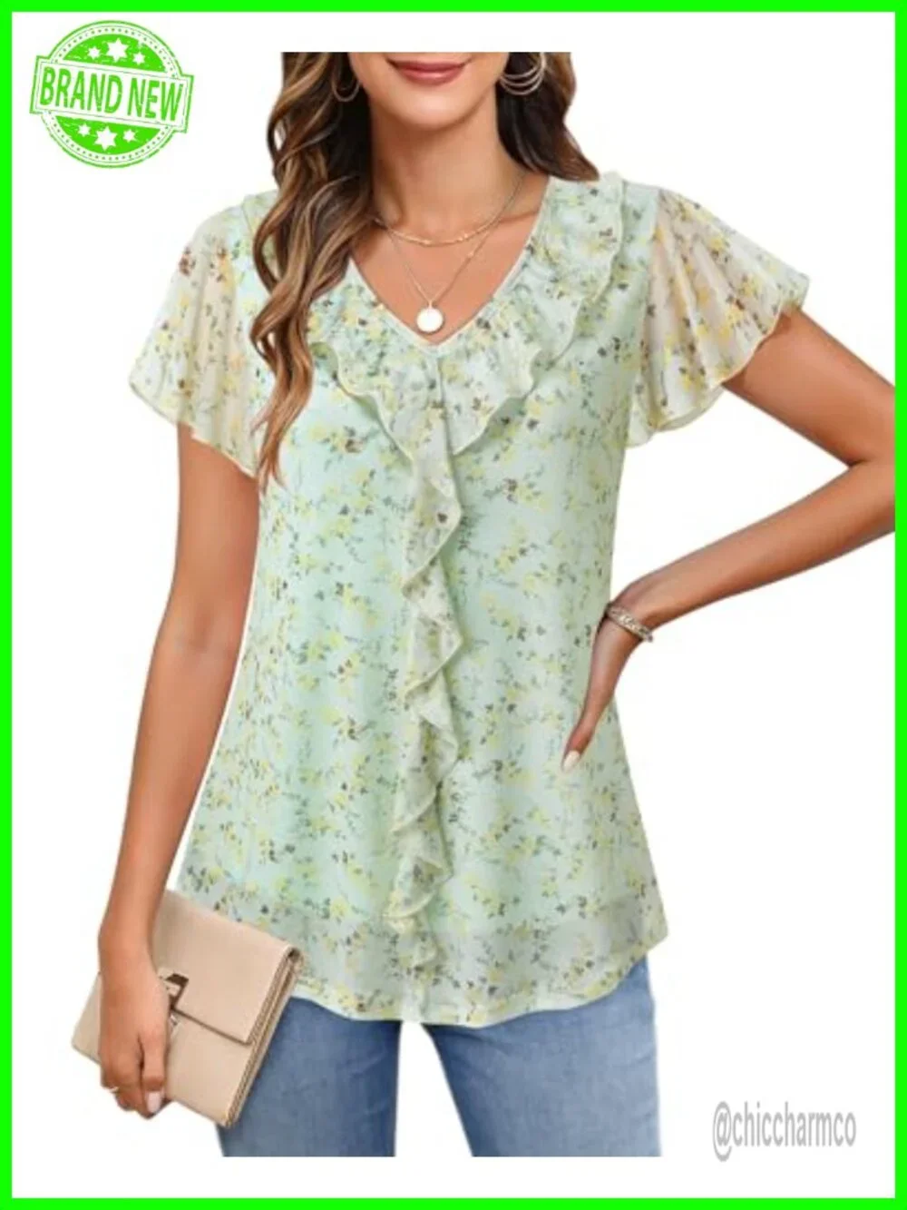 Ruffle V-Neck Short Sleeve Blouse Tunic Floral Peasant Top